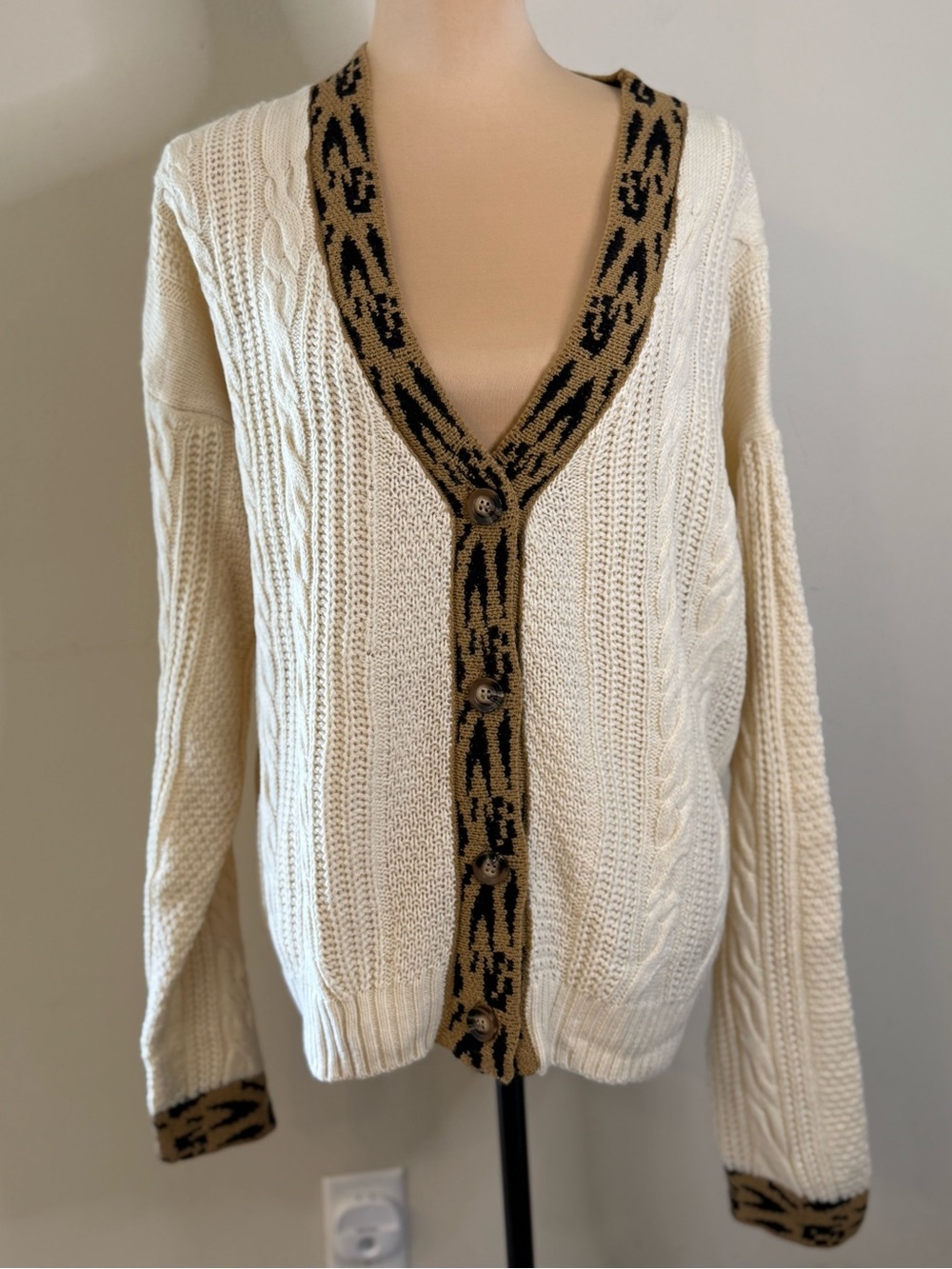 Bibi leopard print trim cream cable knit cardigan sweater SZ LG
